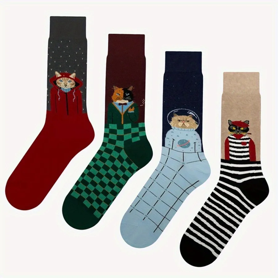 4 PCS Cat Jacquard Trendy Socks for Men and Women Couple Cotton Socks Mid-calf Socks