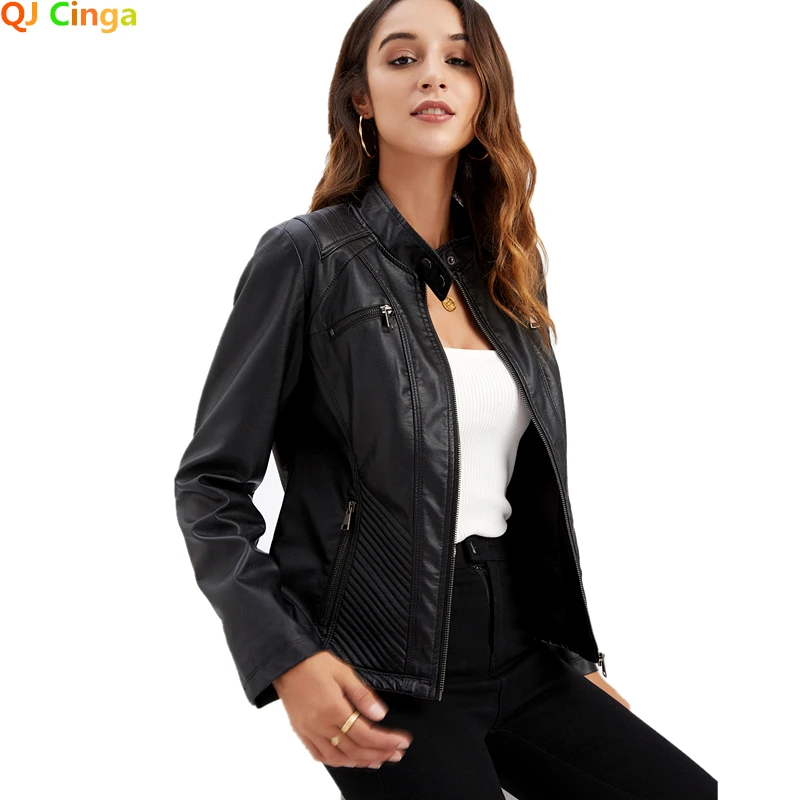 Leather Jacket Women 2024 Autumn Spring Women\'s Moto Biker Zipper Jackets Red Black Apricot Coffee Coat Ladies Outerwear S-3XL