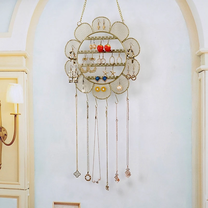 One-Piece Grid Sunflower Jewelry Rack Necklace Bracelet Earrings Storage Hanging Rack Jewelry Wall Jewelry Display