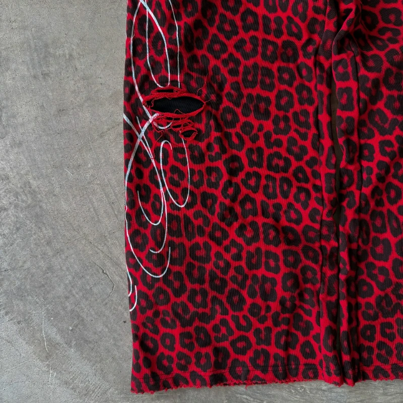 Y2k الفهد الأحمر Sweatpants العصرية مزدوجة الخصر تسجيل الرجال النساء بنطال ذو قصة أرجل واسعة شارع العليا الهيب هوب الشارع الشهير السراويل الرياضية غير رسمية #3