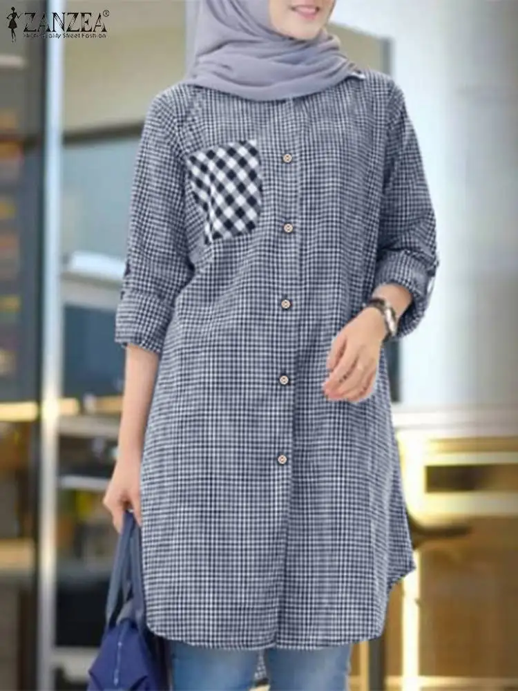 

ZANZEA Women Vintage Plaid Checked Long Shirt Autumn Long Sleeve Dubai Turkey Abaya Tops Islamic Clothing Muslim Blouse Kaftan