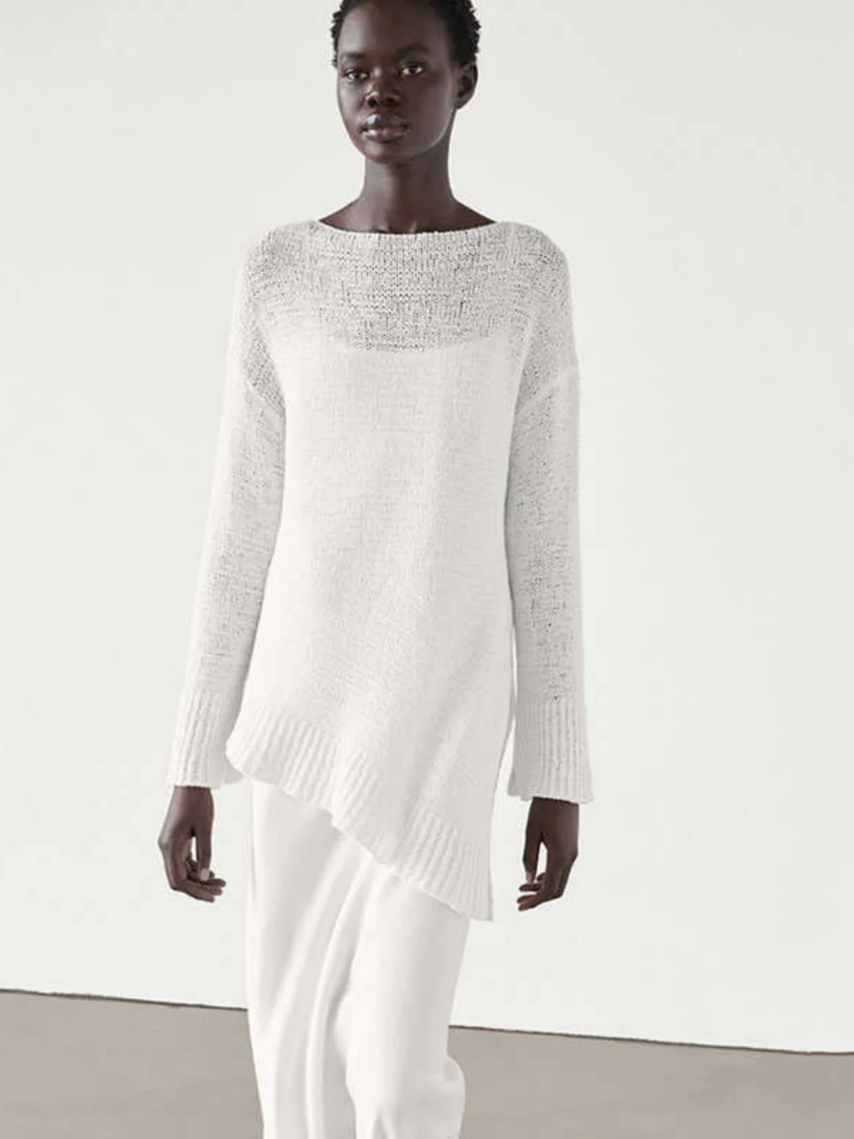 New Summer Women's Loose Lightweight Long Sve Knitwear Boat Ne Asymmetric Hemline Faionable Commute Sle  Color