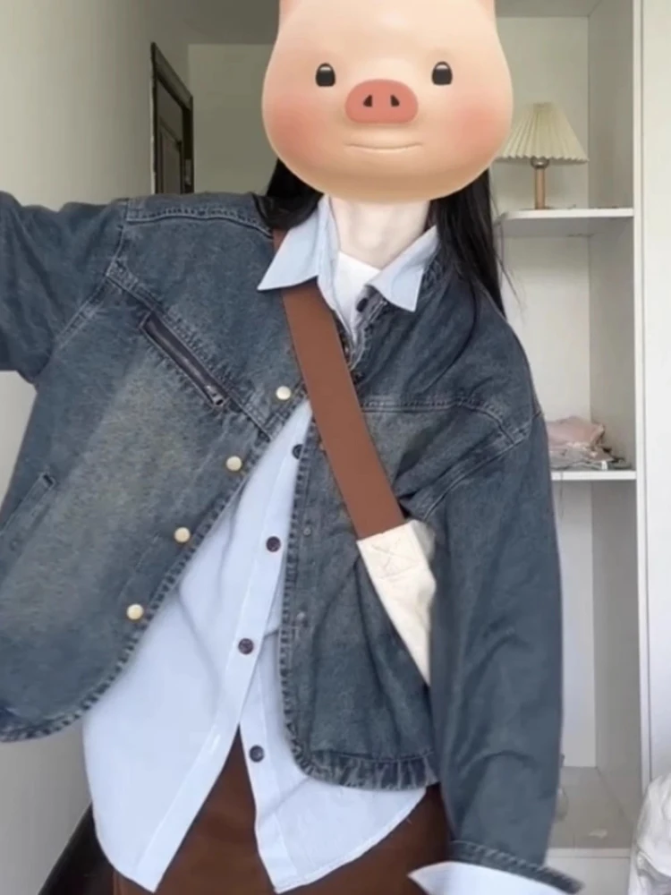 

Джинсовые пальто, куртка для женщин, женская осенняя флисовая куртка-бомбер, мешковатые смешанные субкультурные велосипедные куртки в британском стиле с хипстерским воротником, расклешенные