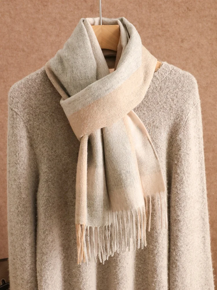 hanlanzi-00-ウールチェック柄スカーフ女性の秋冬両面タッセルショール誕生日ギフトスカーフ暖かさ長方形形状