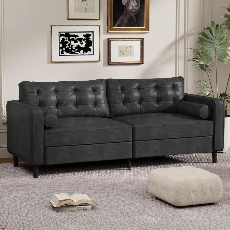 

84.2”Mid-Century Sofa Couch,Tufted Synthetic Suede Fabric Modern Couch with 2 Bolster Pillows, Sofas Couches for Living Room