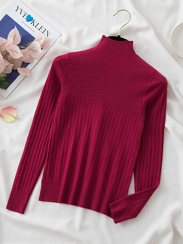 Nieuwe 2024 Vrouwen Trui Coltrui Herfst Lange Mouw Slanke Elastische Koreaanse Eenvoudige Basic Goedkope Jumper Effen Kleur Top