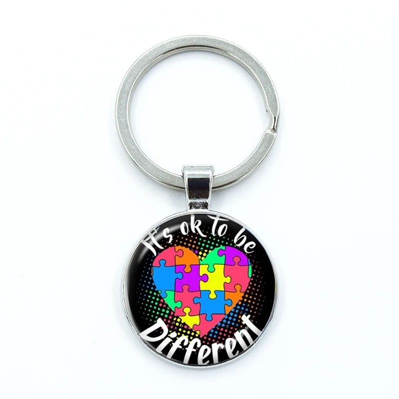 Autism Awareness Keychain Glass Cabochon KeyRing Bag Car Key Chain Ring Holder Charms Jewelry Gifts