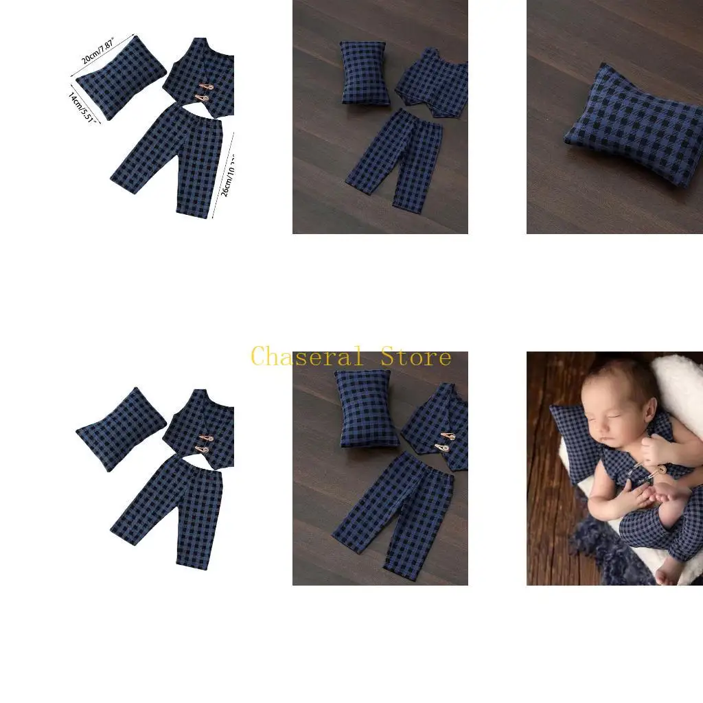 E7CE Baby Boys Little Gentleman Plaid Pillow Pants Vest Set for Newborn Photography