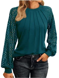 Elegant Lace Pleated Solid Color Shirts Women's Round Neck Lantern Long Sleeved Blouse Autumn Daily Casual Top