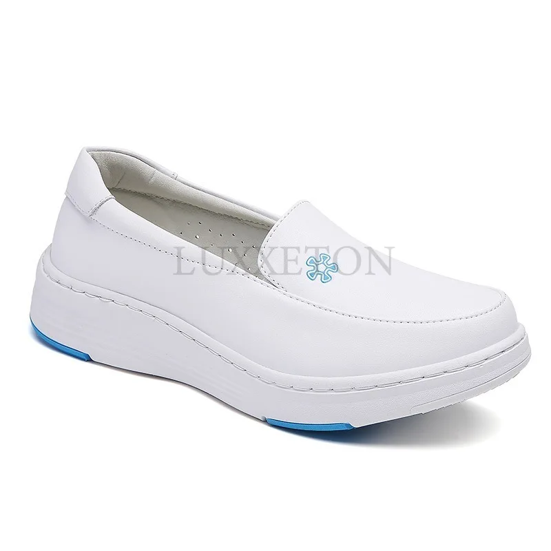 Women Flat Leather Nurse Shoes Casual White Wedge Soft Sole Slip on Moccasin Comfortable Hollow Work Shoe