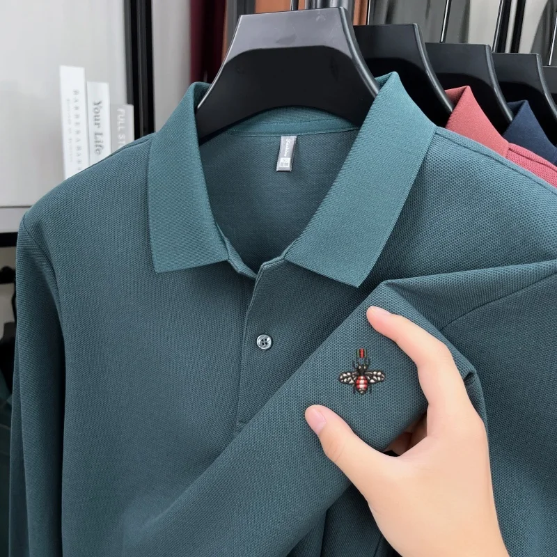 

100% pure cotton luxury men's long sleeved polo shirt for spring autumn fashion exquisite bee embroidery original casual T-shirt