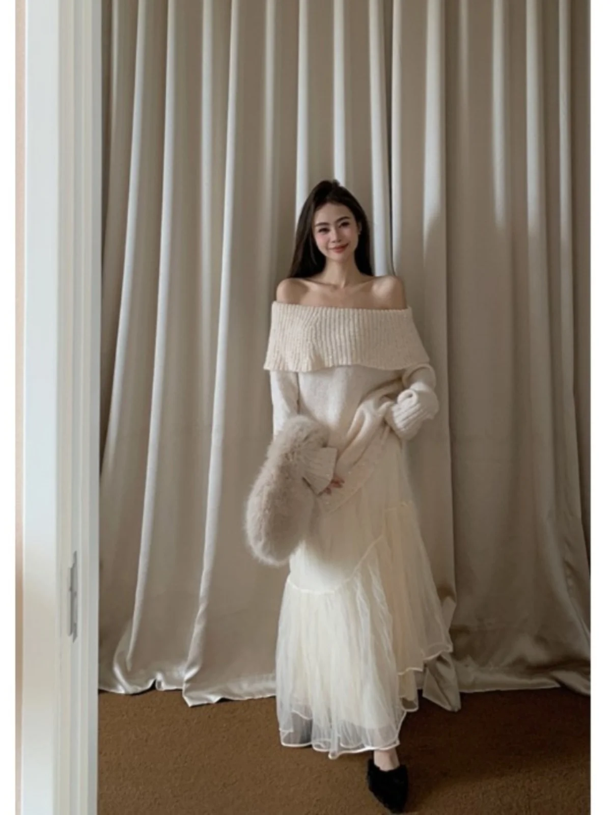 Gaganight Women Gentle Temperament Style Off Shoulder Sweater 2024 Autumn New Long Sleeved Sweater Fairy Mesh Long Skirt Female