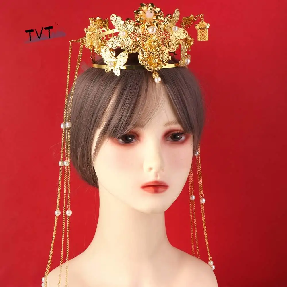 

Exquisite Chinese Style Bride Hair Crown Tassel Luxury Wedding Hair Crown Gem Flower Women Hanfu Hairpin Tiaras Set
