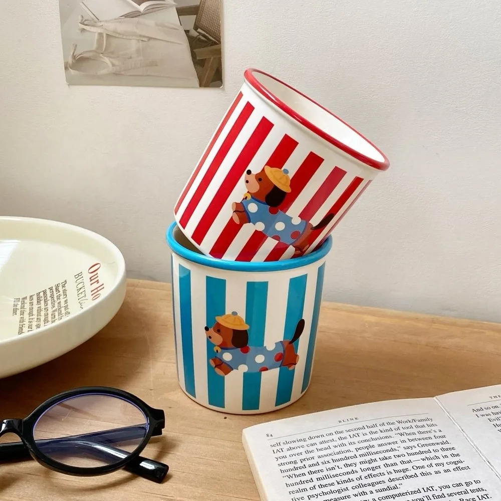 

Cute 350ml Puppy Ceramic Milk Cup Cartoon Puppy Coffee Mug Striped Ceramic Tea Cup Christmas Gift