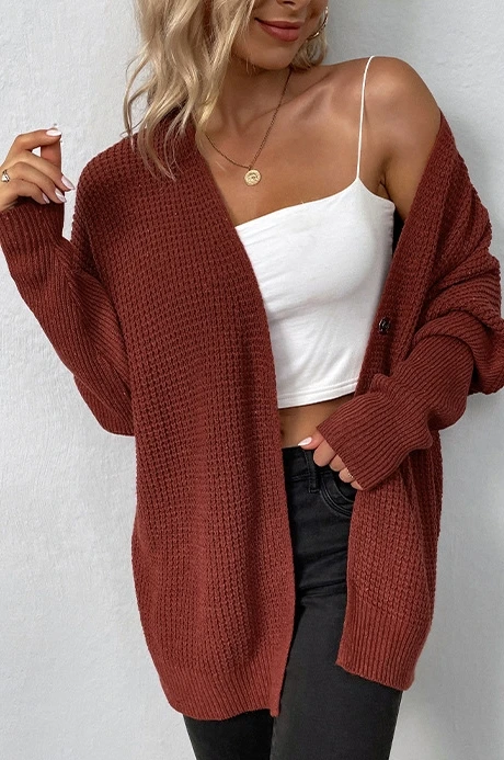 Women Sweater Tops 2024 Winter Temperament Commuting Solid Color Bat Long Sleeve Knitted Sweater One Button Loose Fit Sweater