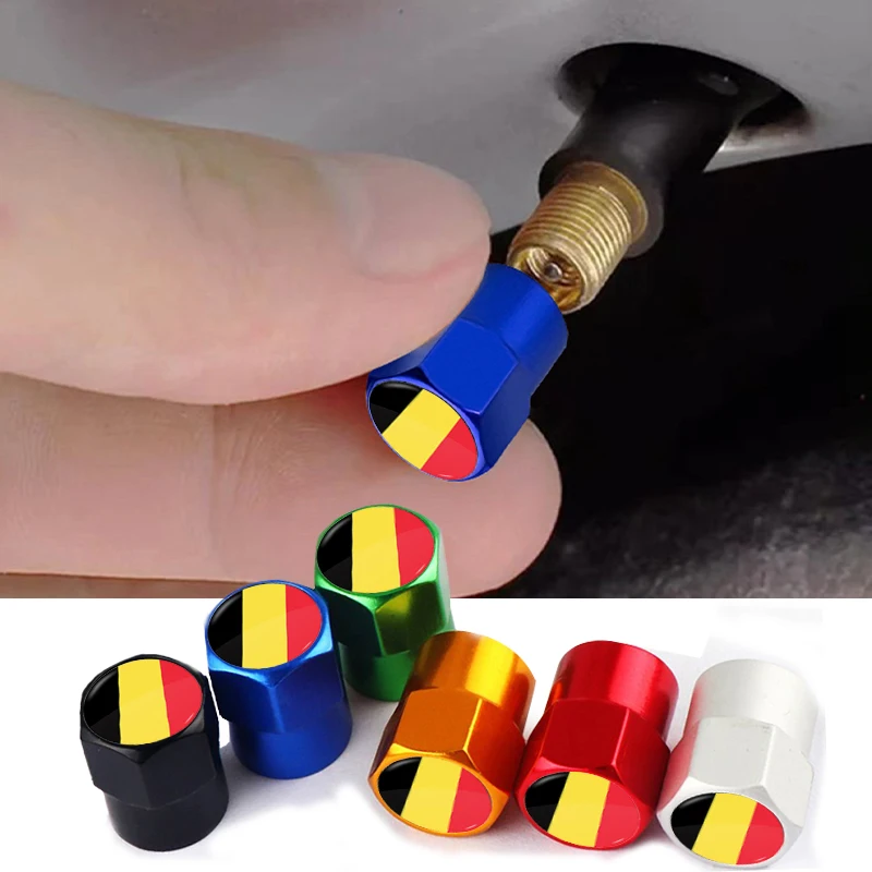 

4pcs Car Wheel Valve Caps Belgium Flag Stickers Logo 30 countries Styling Metal Stem Cover Auto Parts Motorcycle Accessories