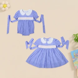 Hand Smock Summer Short Sleeve Dress Baby Girl Jumpsuit Round Neck Small Pearl Ornament Bodysuit Blue Lattice One-Piece Clothes