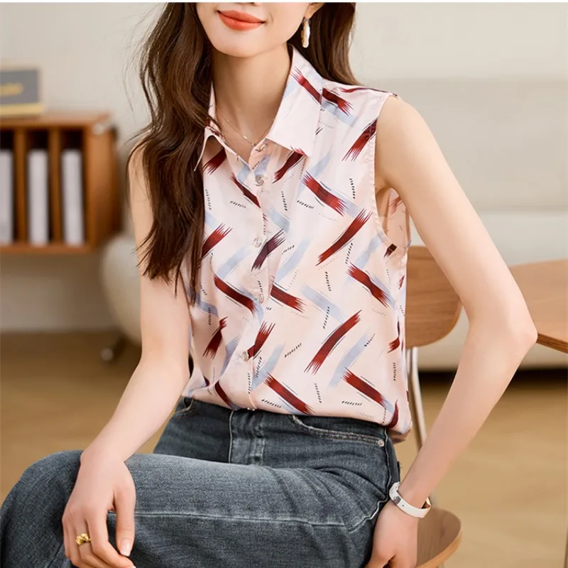 Women\'s Polo Collar Single-breasted Commute Forged Silk Sleeveless Shirts 2024 Summer New Fashion Contrast Color Printed Tops