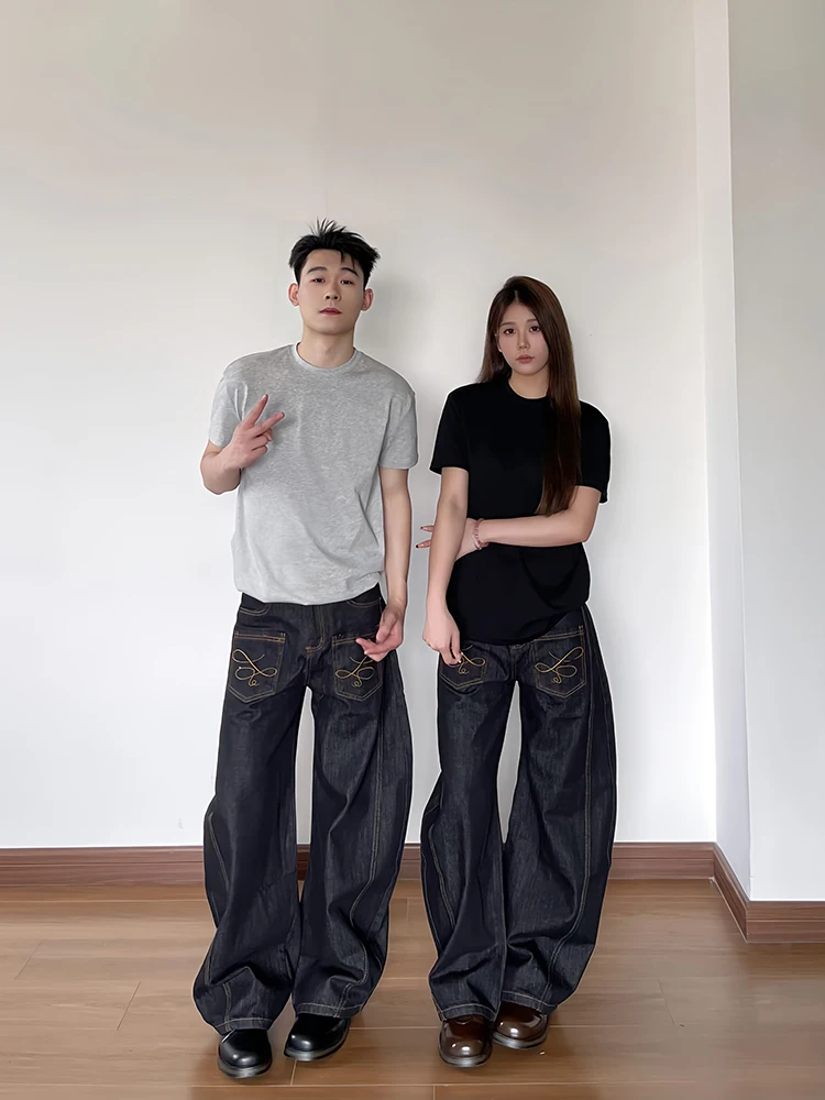 

American High Street Retro Embroidered Denim Jeans Loose Wide Leg Scythe Pants Casual Crescent Pants Unisex Long Jeans