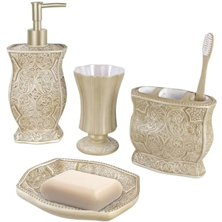 

Victoria Bge Bathroom Accessories Set - 4 Piece Decorative Bathroom Set with Soap Dispenser Toothbrush Holder Tumbler and Soap