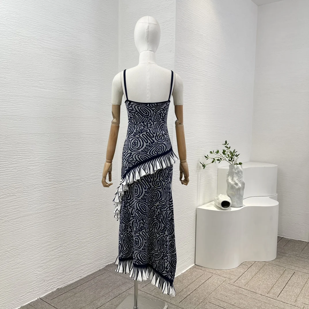 Navy Blue New Spring Summer 2024 High Quality Sleeveless Ruffles Knit Asymmetrical Hem Pullovers Tops and Skirt Women Set