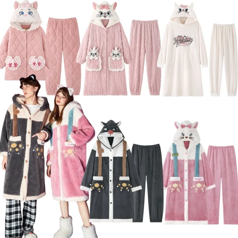 Anime Pajamas Suit Kawaii Disney Marie Cat Lucifer Autumn Winter Couple Home Clothing Cartoon Plush Night-robe Pants 2-piece Set