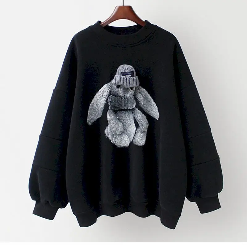 Fashion Pullovers Women Autumn Winter Trend Plush Thick Pullover Cute Rabbit Design Top Korean Loose Long Sleeve Top Y2k Clothes