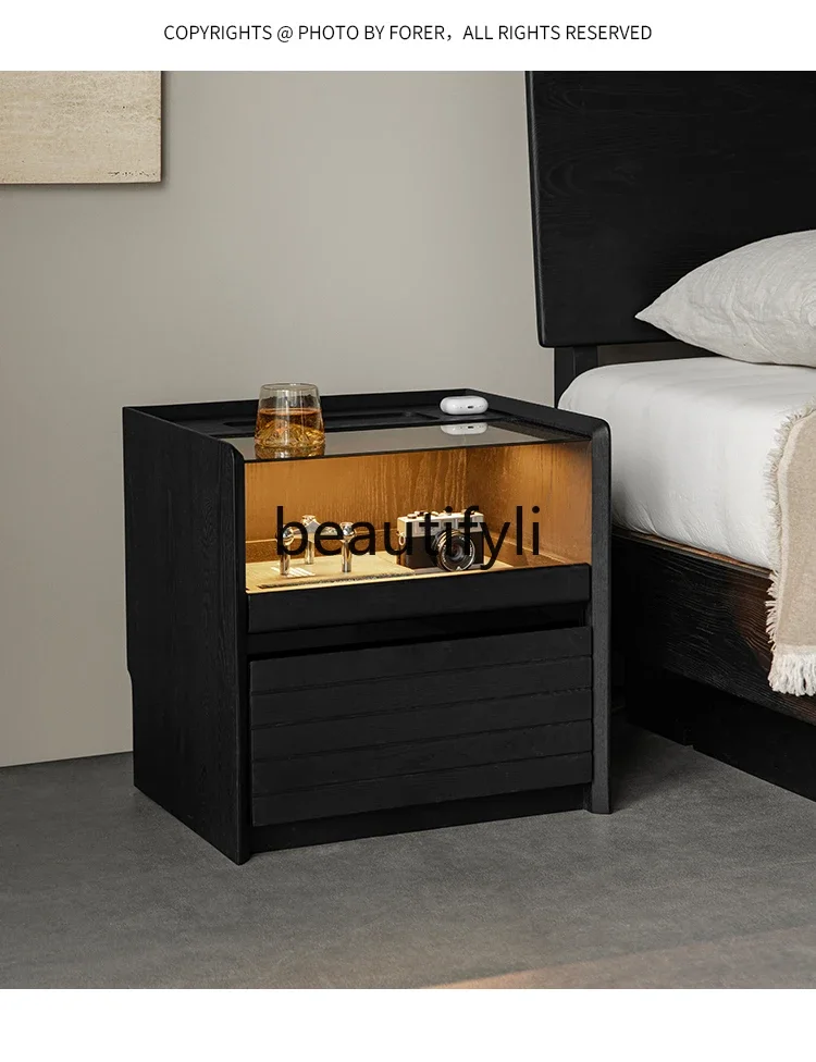 

zqxBedside table black smart wireless charging household bedroom bedside solid wood with lamp locker