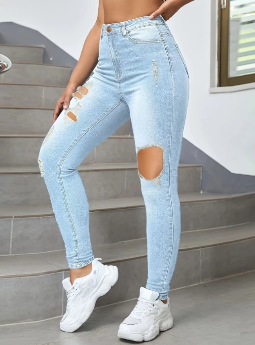 2024 Summer Casual Jeans Women's Pants Button Pocket Worn Hole Slim Fit Jeans Street Trendsetter European and American Style