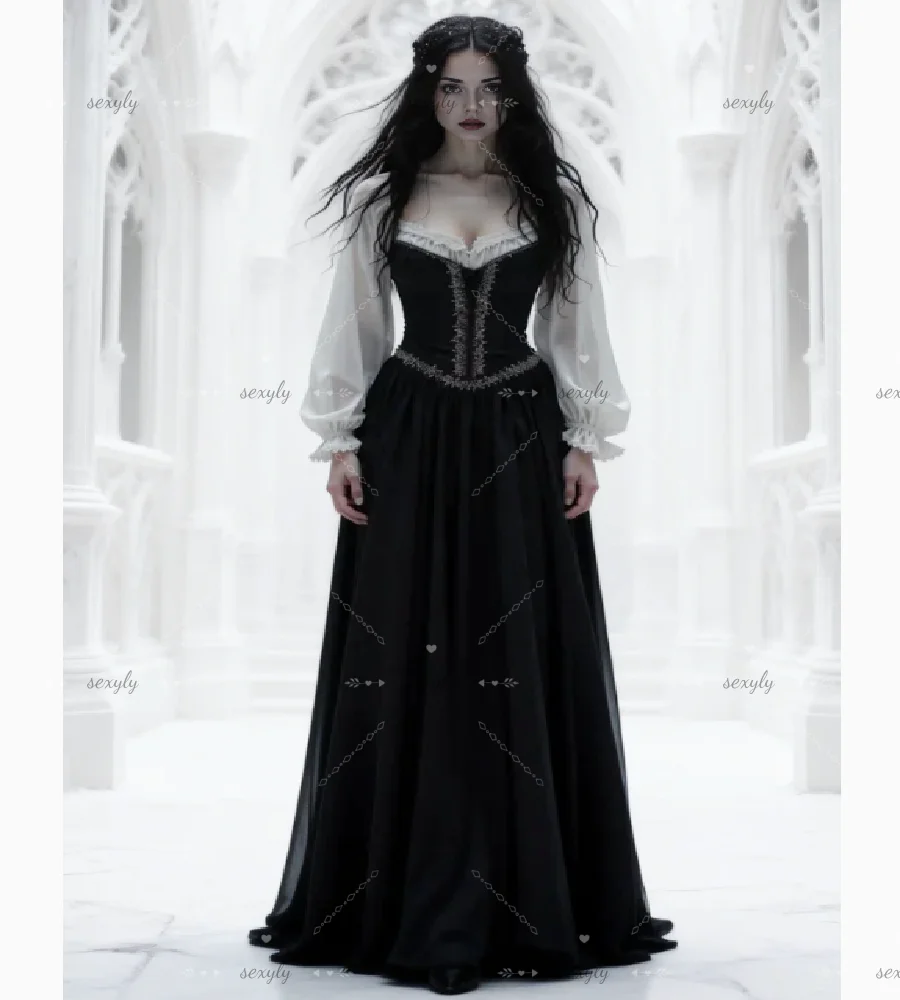 

Dark Academia Black Gothic Evening Dress 2026 Sweetheart Lace Long Sleeve Prom Dress Magic Costume Formal Aesthetic Party Gowns