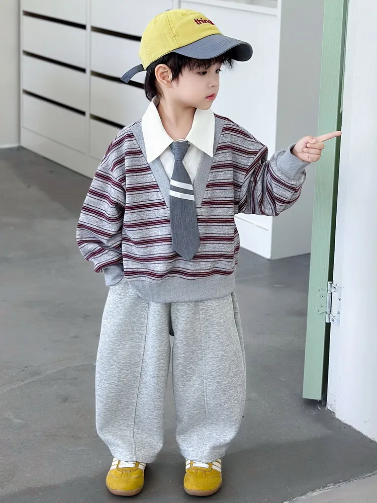 Spring Autumn Outfit Children's  fake two piece Sweatshirt+Pants 2pcs Suit Boys casual comfort Sport Suit 2-10 Years
