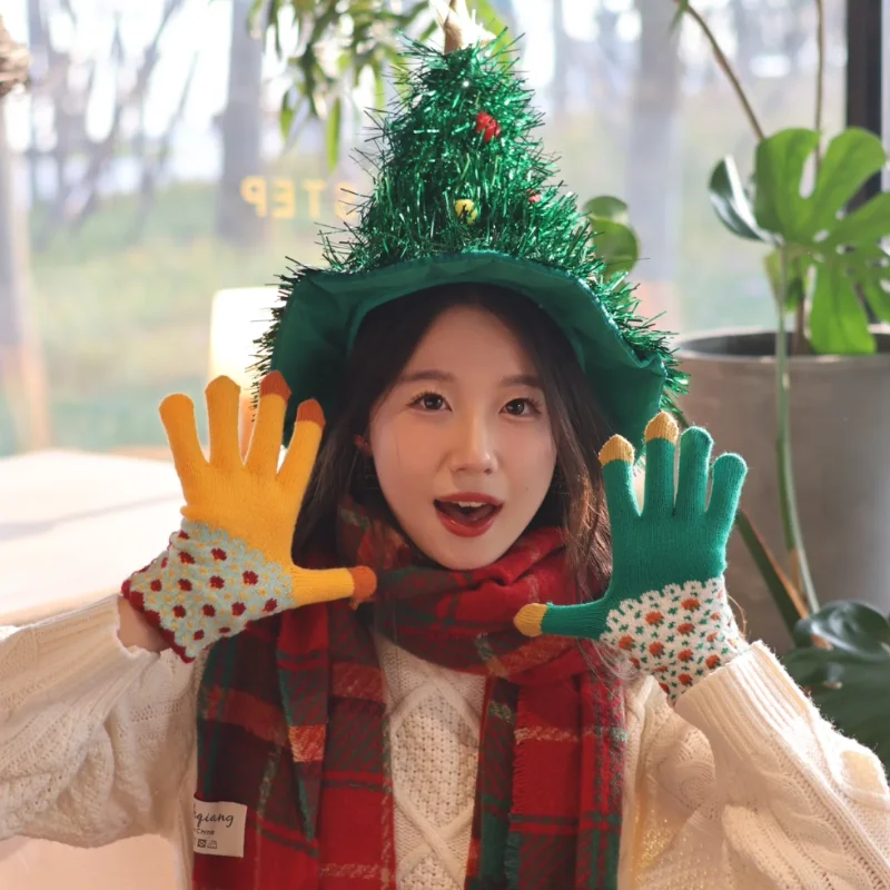 Knitted Touchscreen Gloves Vintage Colorful Flower Knitted Hand Gloves Warm Thickened Outdoor Cycling Gloves Windproof Mittens