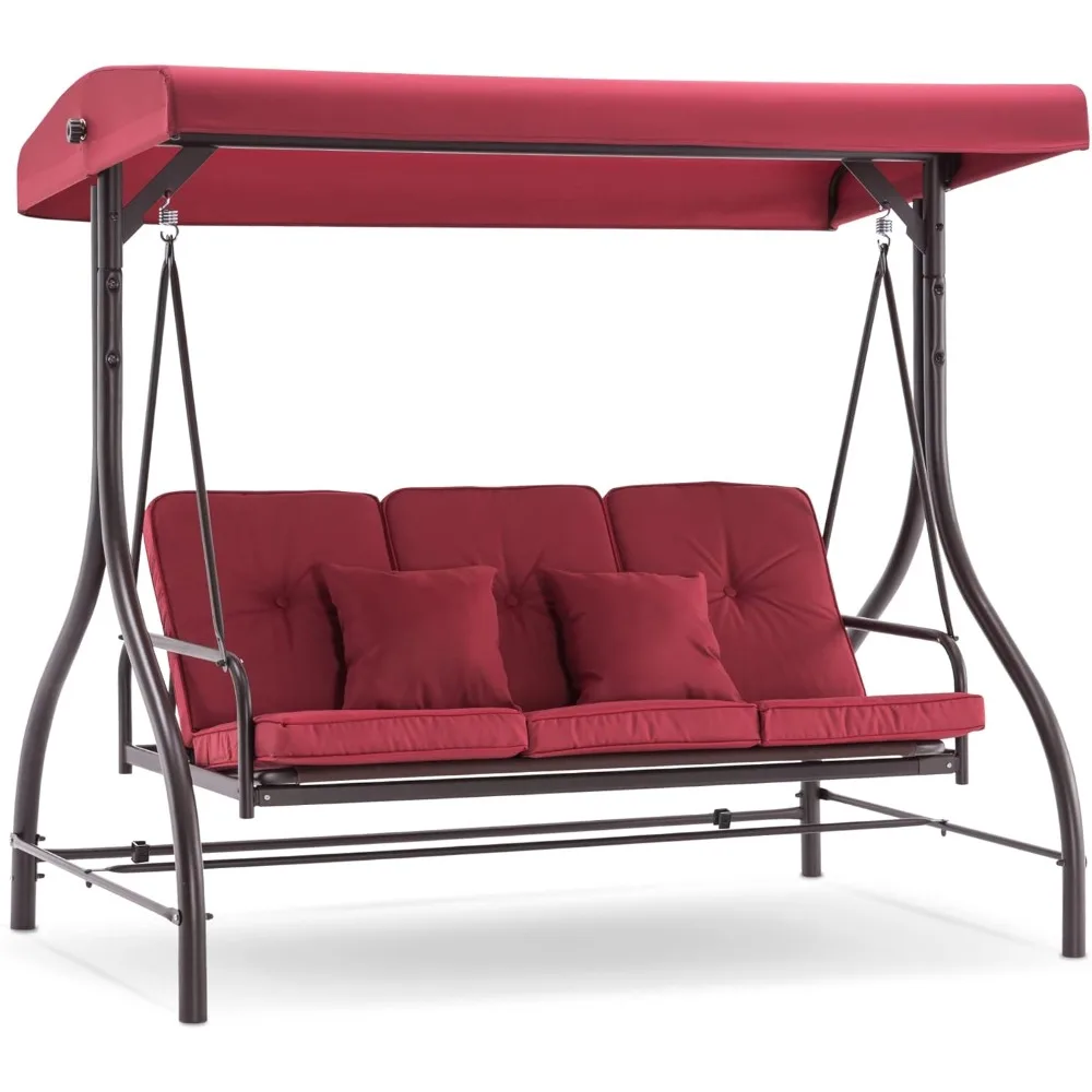 3-Seat Outdoor Patio Swing Chair, Adjustable Backrest and Canopy, Porch Swing Glider Chair, w/Cushions and Pillows