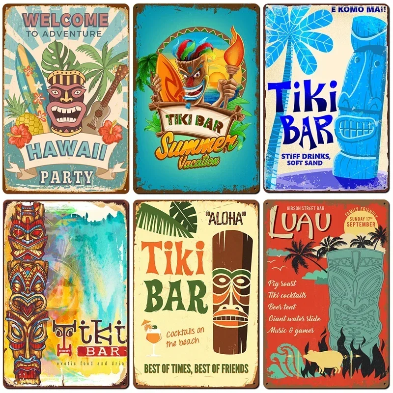 Aloha Tiki Bar Poster Aluminum Sign Vintage Beach Party Bar Pub Wall Decor Metal Plate Retro Hawaii Surfing Plaques