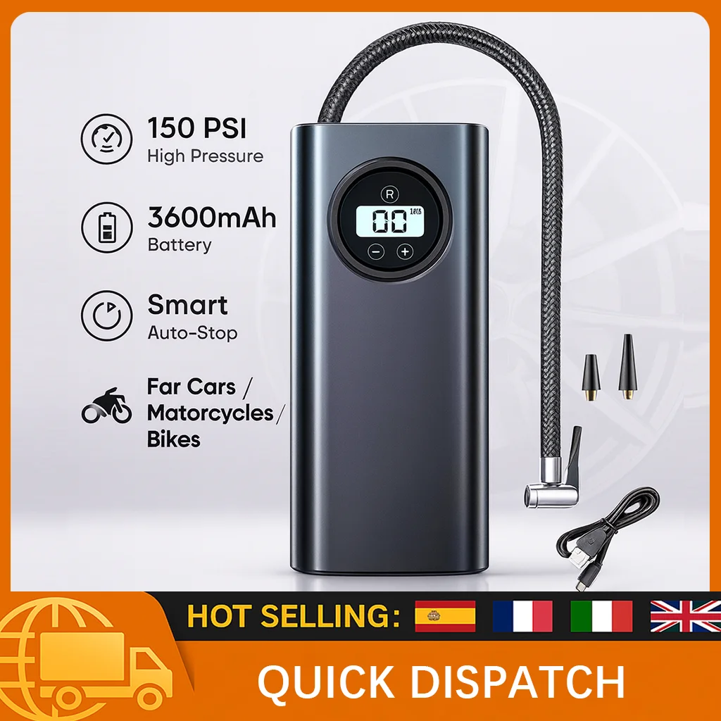 

Portable Tire Inflator 150PSI Air Pump 3600mAh LCD Display Fast Inflation for Car Motorcycle Bike Kayak Auto-Stop Electric Pump
