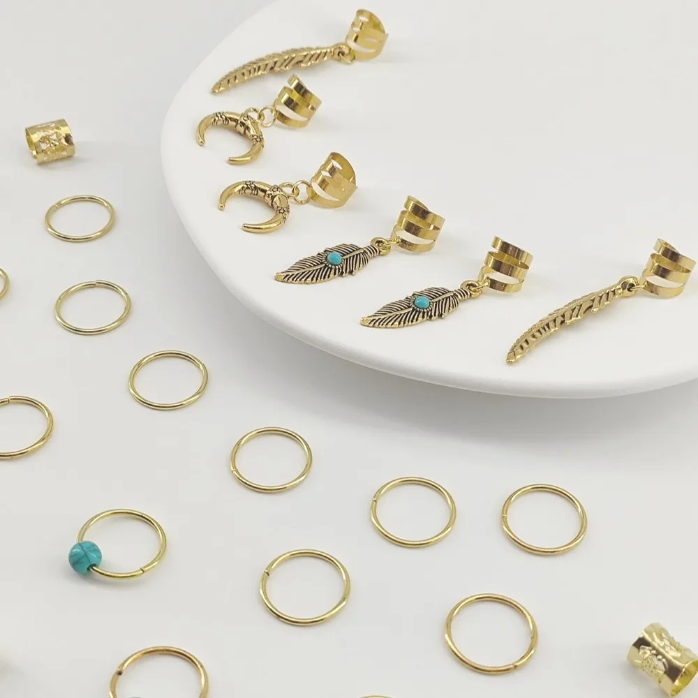 

31pcs Turquoise Hollow Out Hair Ring Dread Locks Metal Cuff Clips Dreadlocks Beads DIY Dirty Braids Hair Braid Tubes Decor