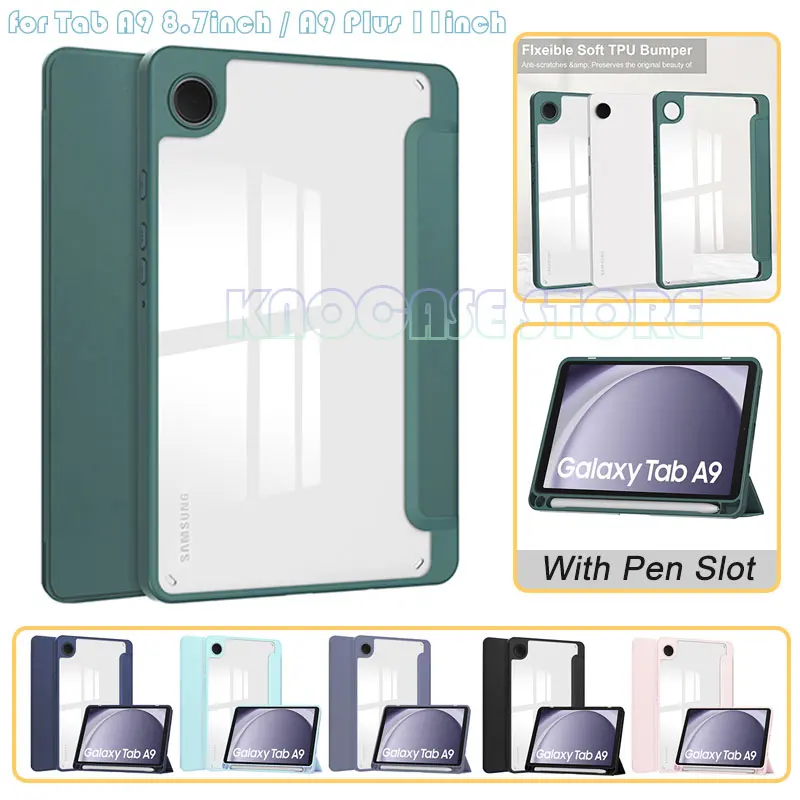 For Samsung Tab A9 8.7inch X110 A9+ A9 Plus X210 11inch 2023 Tri-Fold Smart Stand Case Acrylic+Soft TPU Back Cover