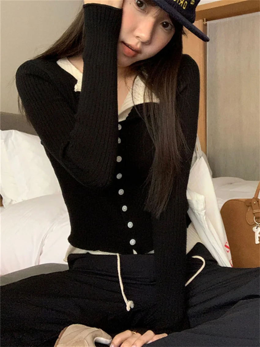 Alien Kitty Slim Sweaters Daily Casual New Loose Elegant 2025 Winter V-Neck Gentle Patchwork Vintage Warm Office Lady Coats