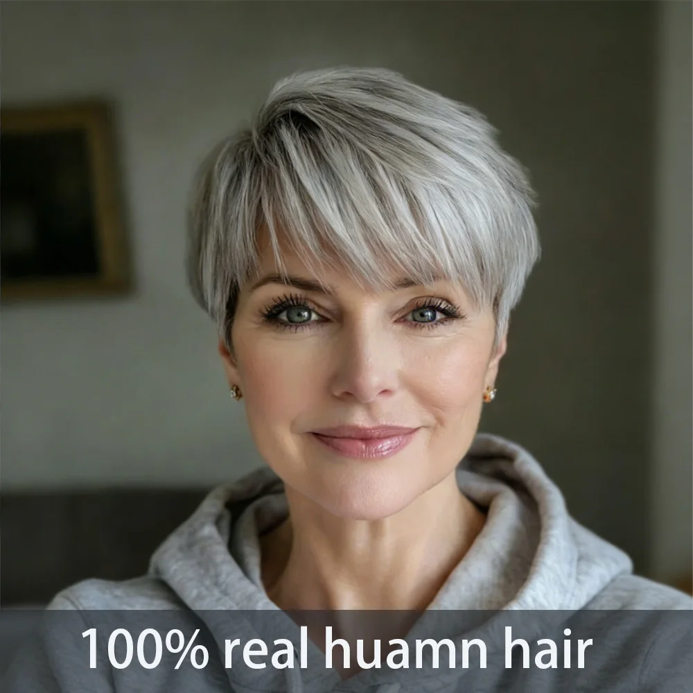 

Grey Human Hair Wigs for Women Short Straight Grey Pixie Cut Human Hair With Bangs Natural Gray Layered Wig Full Machine Made