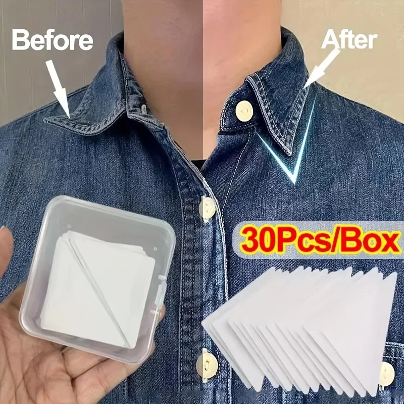 30pcs/pack Collar Sticker T-Shirt Stand Collar Shaper Fixed Pads Anti-roll Adhesive Clear Triangle Tape Shirts Collar Tidy Stick