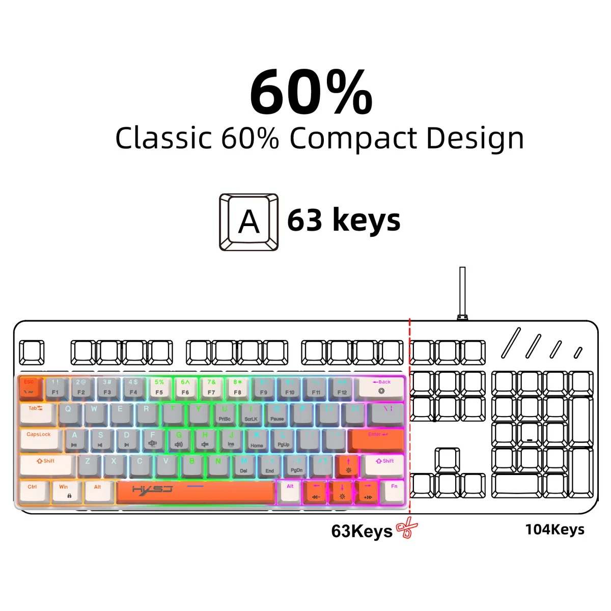 HXSJ New 63 Key Wired Mechanical Keyboard Color Backlight Two color Injection Molding Key Cap Three color Block Insertion Axis