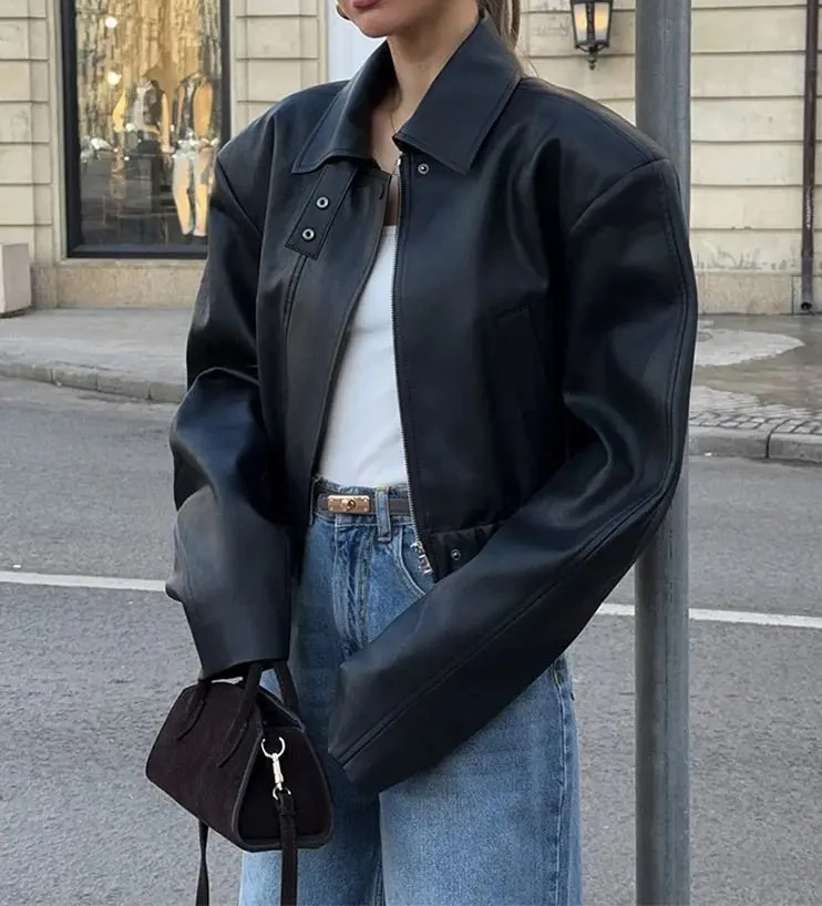 

Short Style Leather Jacket Versatile and Casual Trendy for Girls with A Motorcycle Style Design.