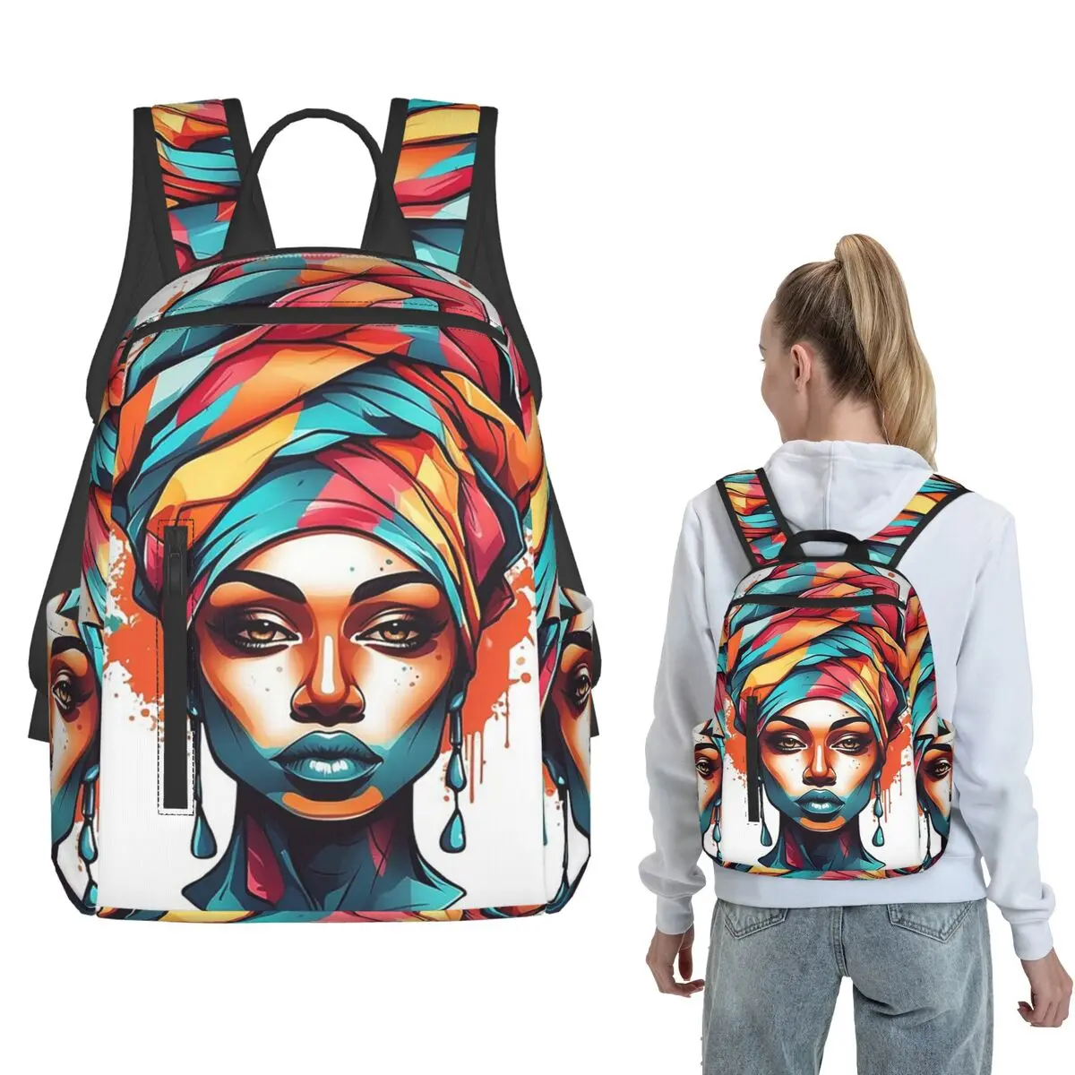 

African Headwrap Woman Design Backpack Large Capacity Children BookBag School Bag Shoulder Bags for Men Women