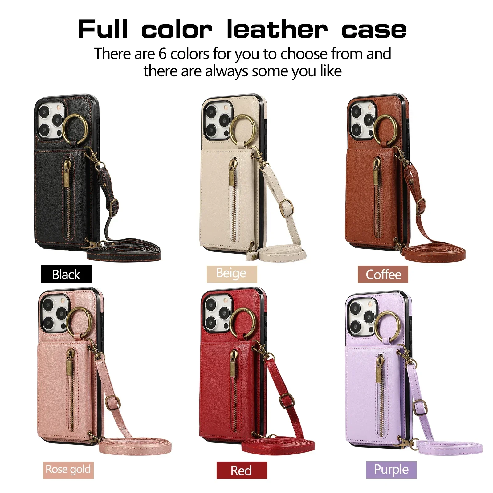 Crossbody Cards Solt Triple Wallet Leather Zipper Case For iPhone 15 16 Pro Max 14 Plus 13 12 11 XS XR SE2022 Ring Holder Cover