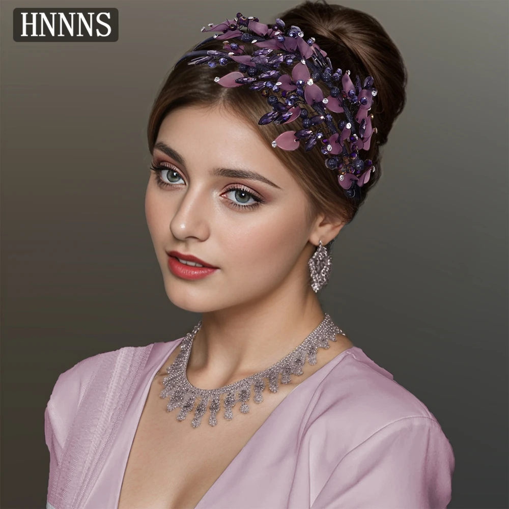 

HNNNS Purple Pearl Double Layer Headband Leaves Crystal Headdress Glamour Women Headpiece Party Dating Hair Accessories A143