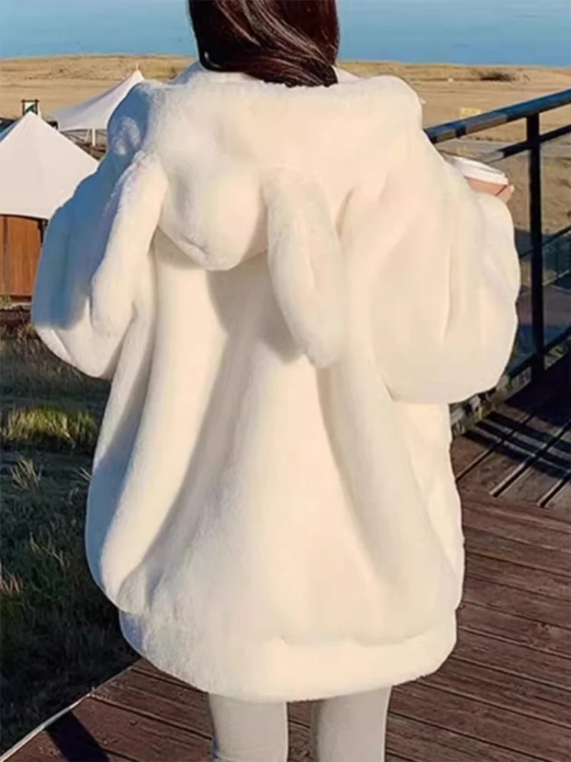 Kurtka damska zimowa 2025 z grubego polaru wełnianego z uszami królika \"Milk Rabbit\", nowa, miękka, bawełniana odzież, pluszowy płaszcz, odzież wierzchnia W350