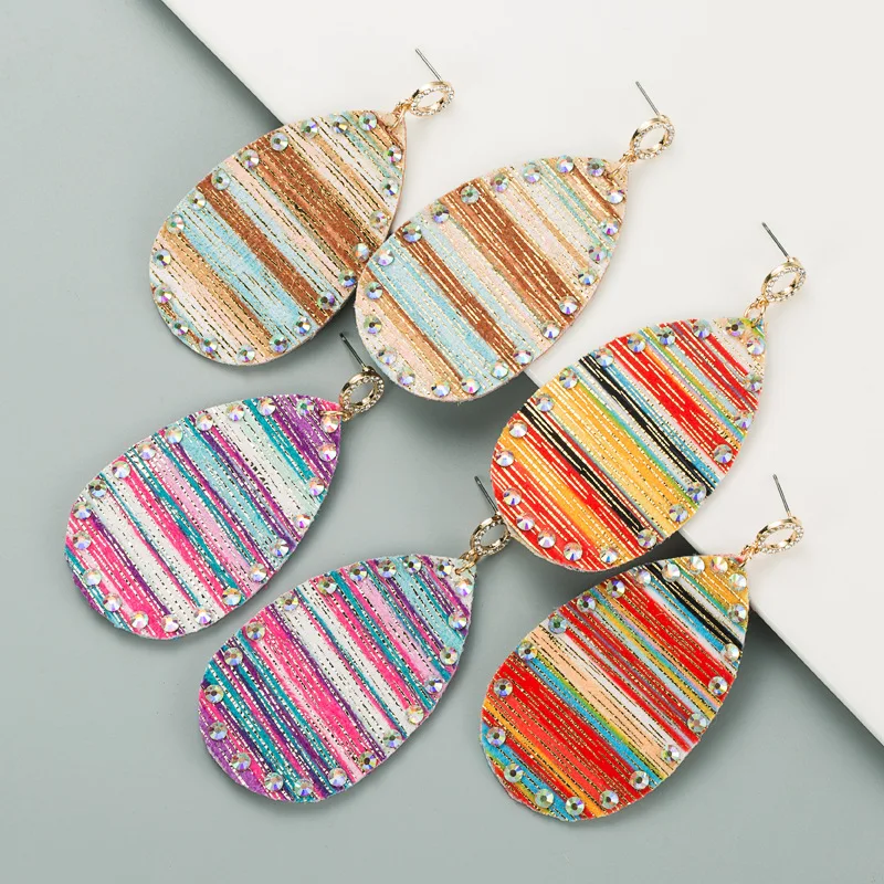 Bohemian Leather Earrings Colored Striped Alloy Diamonds Exaggerated Temperament Stud Earrings Personalized Party Earrings