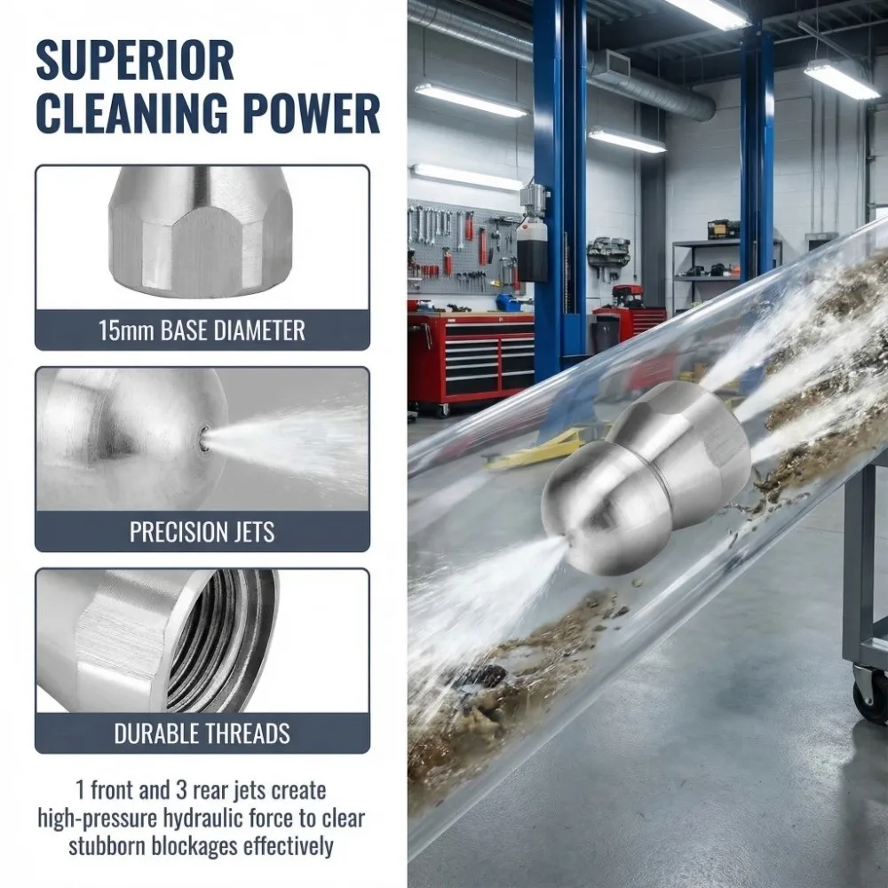 

Мощная насадка для прочистки труб из нержавеющей стали 3/8 дюйма, высоконапорная, с 1 передней и 3 задними внутренними резьбами, для промывки