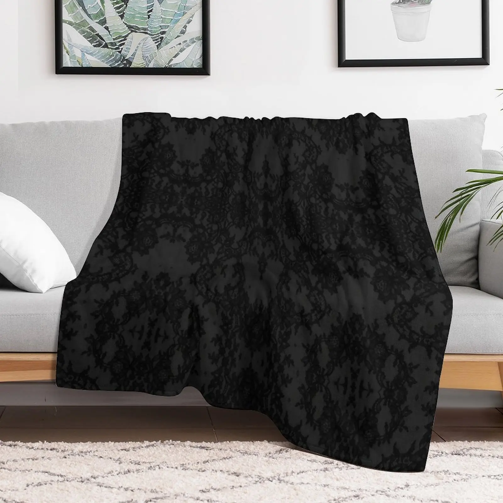 Chic Tonal Black Symmetric Floral Lace Repeat Pattern Throw Blanket Sleeping Bag Fashion Sofas Blankets