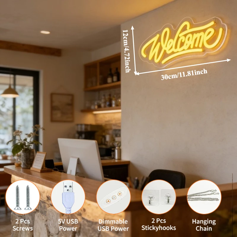 Welcome Neon Sign Dimmable LED USB Wall Light for Coffee Shop Boutique Hotel Store Entrance Home Foyer Bar Club Business Decor